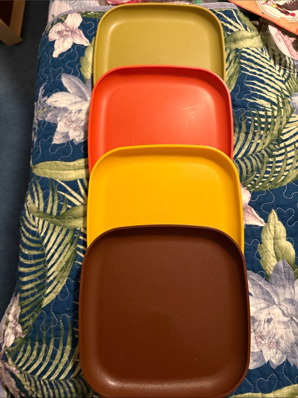Tupperware - 4 Colorful Stackable 8” Square Plates- Olive,Orange, Yellow, Brown